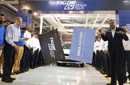 N Chandrasekaran, Chairman, Tata Sons and Tata Motors flags off the Tigor EVs from Sanand plant